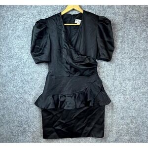 Vintage R&K Evenings Cocktail Dress Womens 14 Black Peplum 80s Ruffle LBD